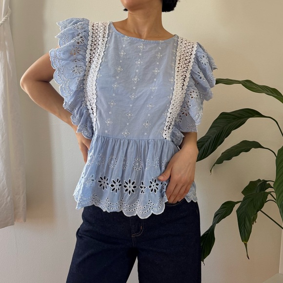 Jennifer & Grace Tops - Jennifer & Grace 100% Cotton Eyelet Lace Trim Light Blue Babydoll Blouse Size M